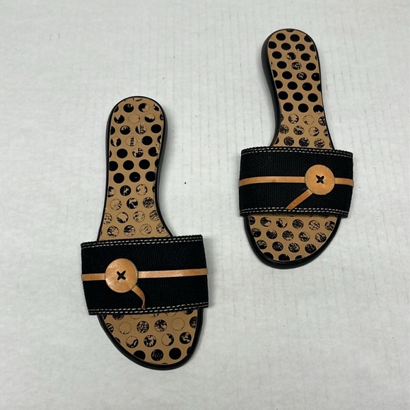 kate spade Shoes - Kate spade black & tan Toby polka dot button detail slide leather sandals sz 7